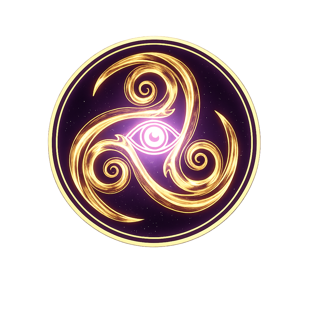 Official $TRIS coin — Triskele Spirit, three golden spirals around a violet all-seeing eye